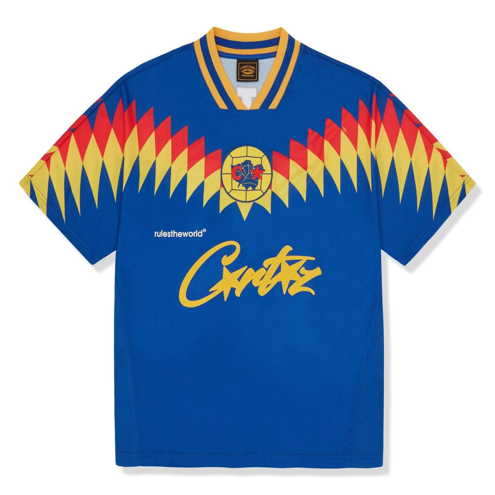 CORTEIZ BLUE Football Shirt with vibrant red and yellow geometric design.