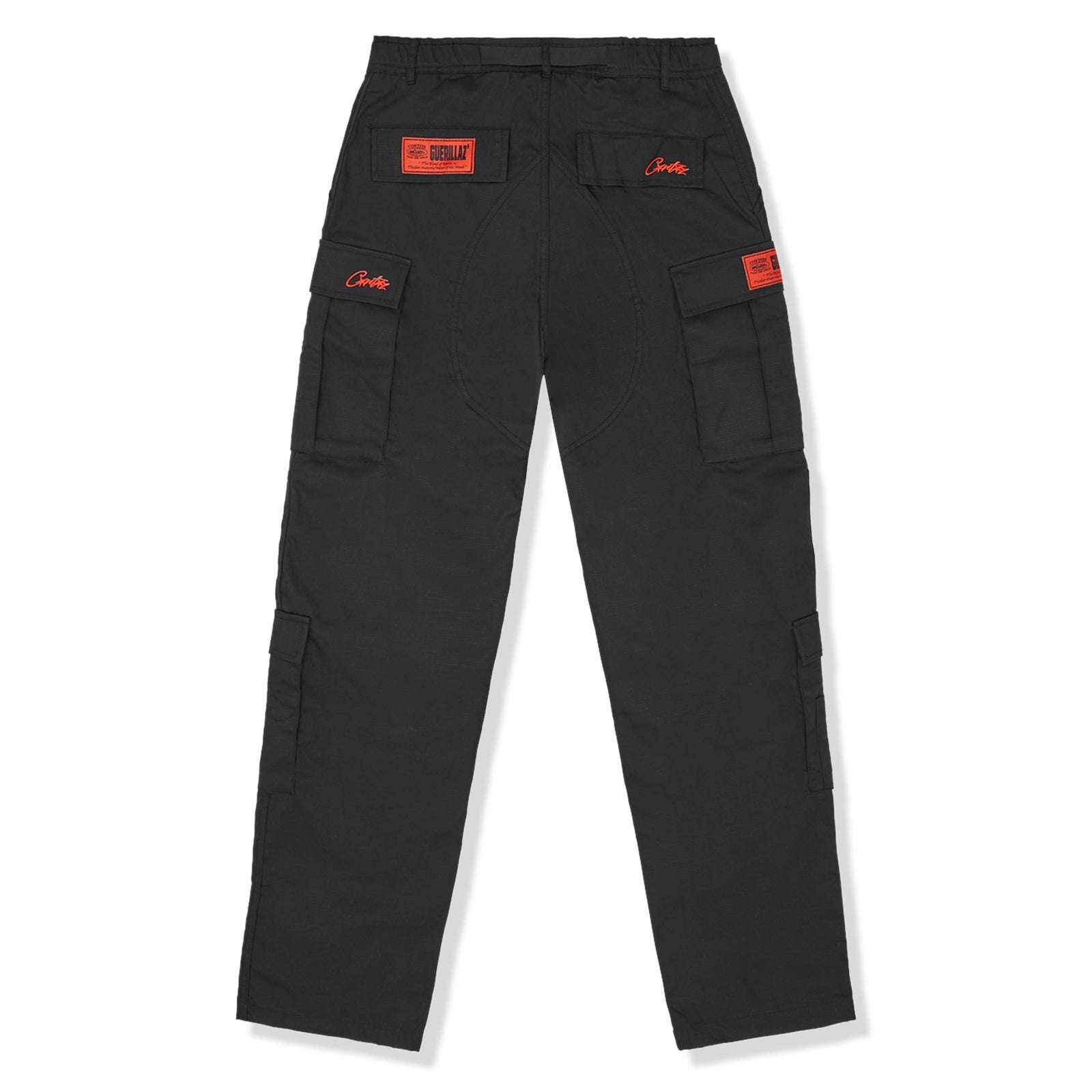 CORTEIZ GUERILLAZ CARGOS in black and red with multiple pockets.