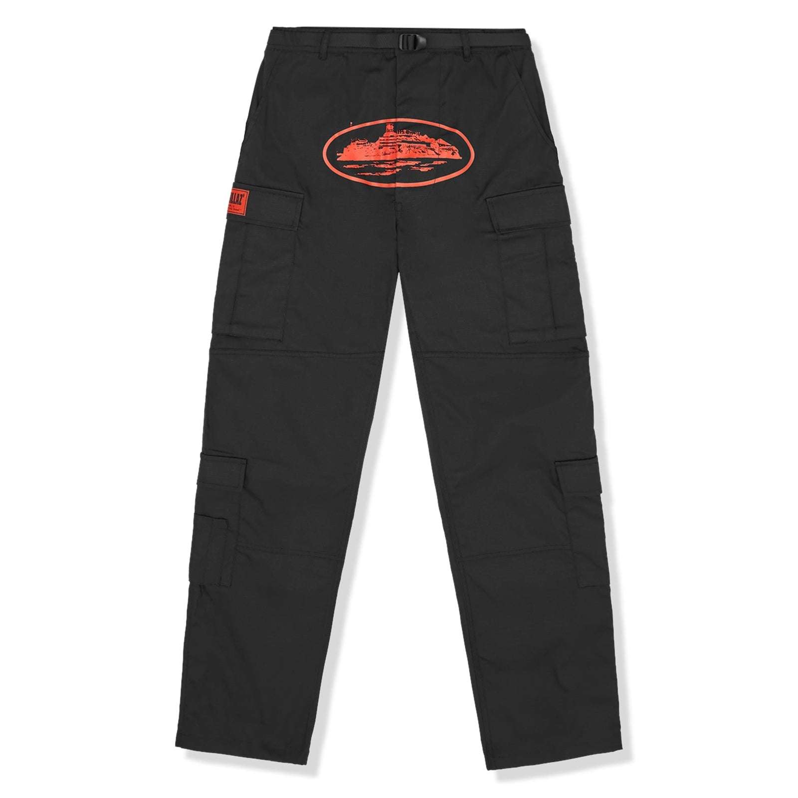 CORTEIZ GUERILLAZ black cargos with red accents.