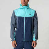 Reprimo Flight Windbreaker in cyan and navy with hood.