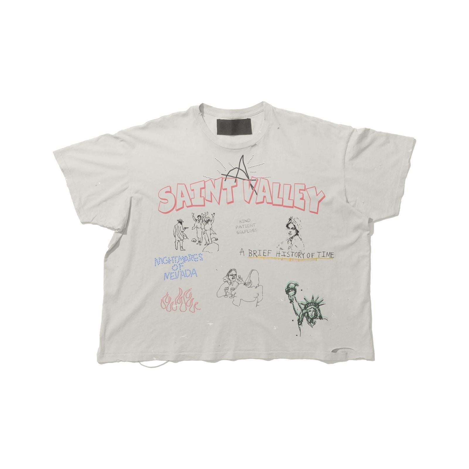 Suavo World Nightmares Of Nevada T-Shirt with vintage wash and hand distressing on model 5'9 wearing medium