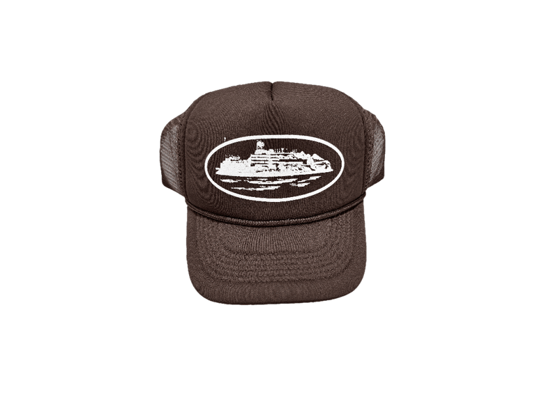 CORTEIZ ALCATRAZ brown trucker hat with graphic design.