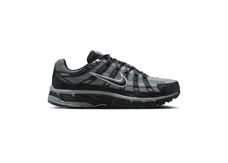 P-6000 Black Cool Grey athletic running shoe with black and grey design and silver Nike swoosh.
