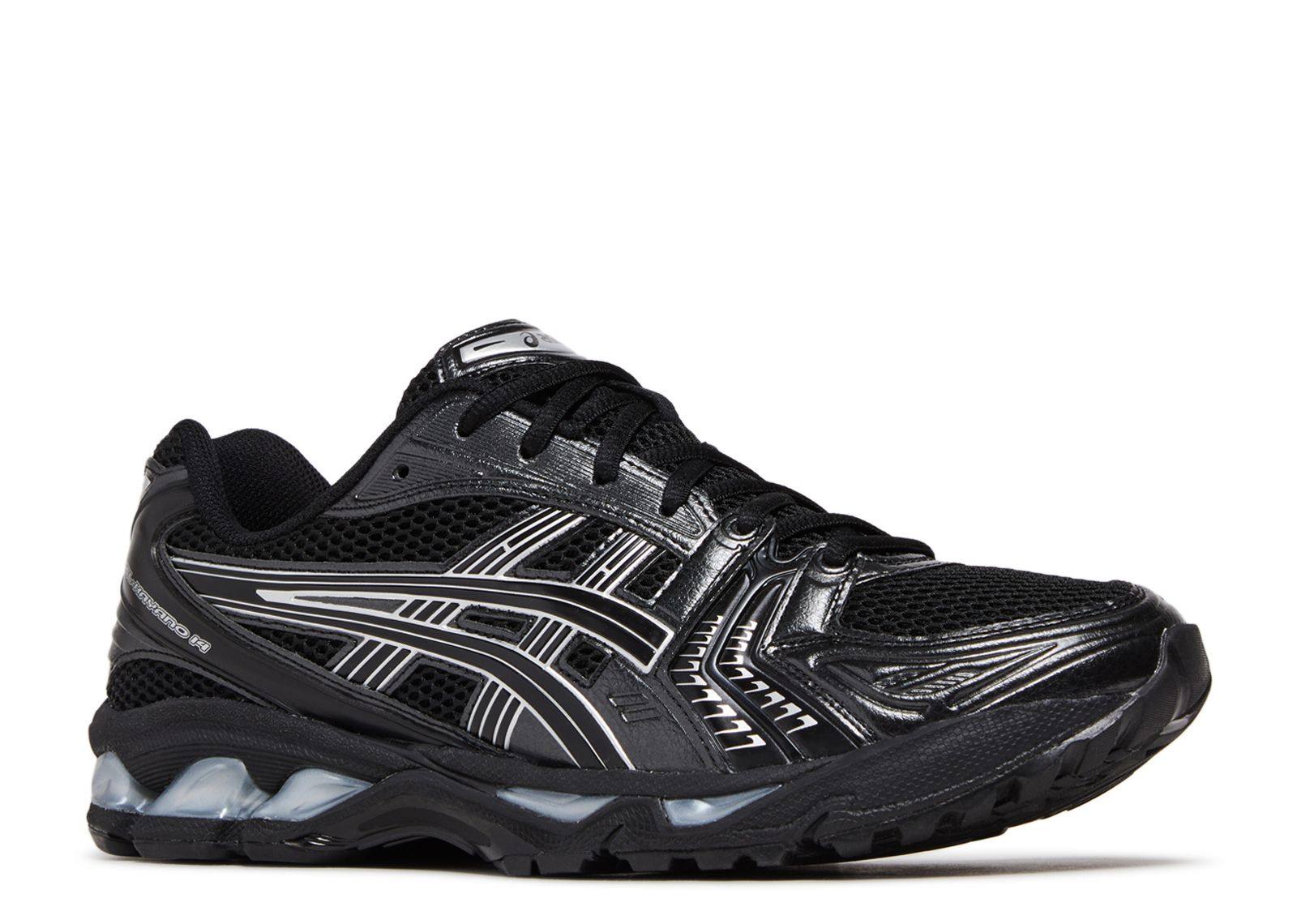 Gel Kayano 14 black running shoe with pure silver accents and mesh upper