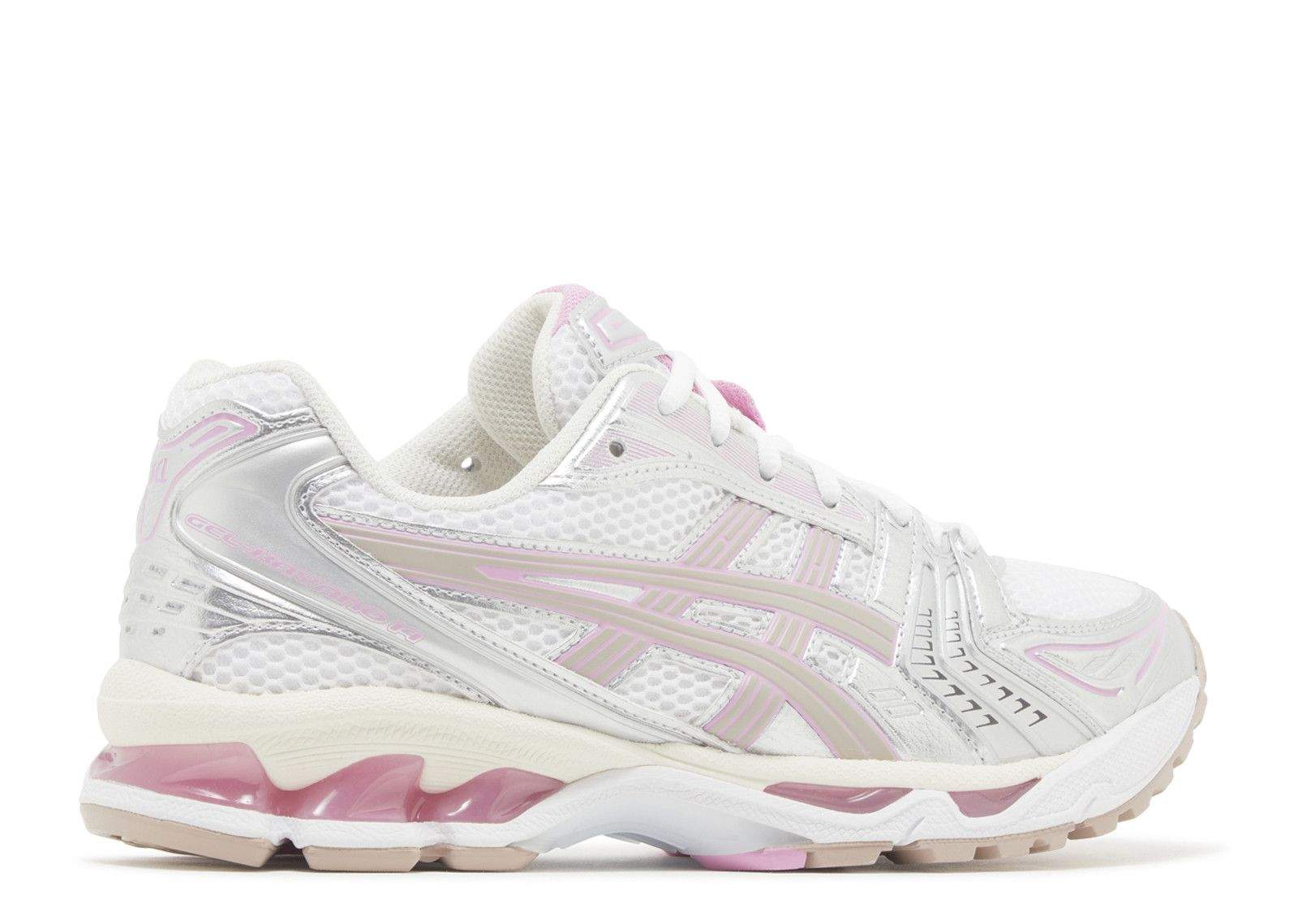 White Fawn Gel Kayano 14 Unlimited Pack running shoe with mesh and synthetic upper