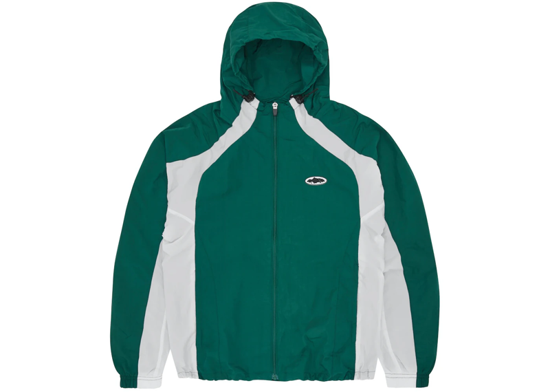 Green Corteiz Spring Jacket with hood and white accent panels.