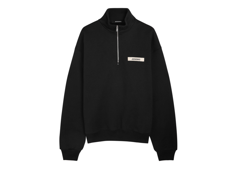 Jacquemus black cotton half zip sweatshirt with logo patch