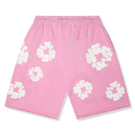 Pink Denim Tears sweatshorts with white cotton wreath patterns and elastic waistband