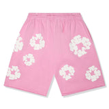 Pink Denim Tears sweatshorts with white cotton wreath patterns and elastic waistband