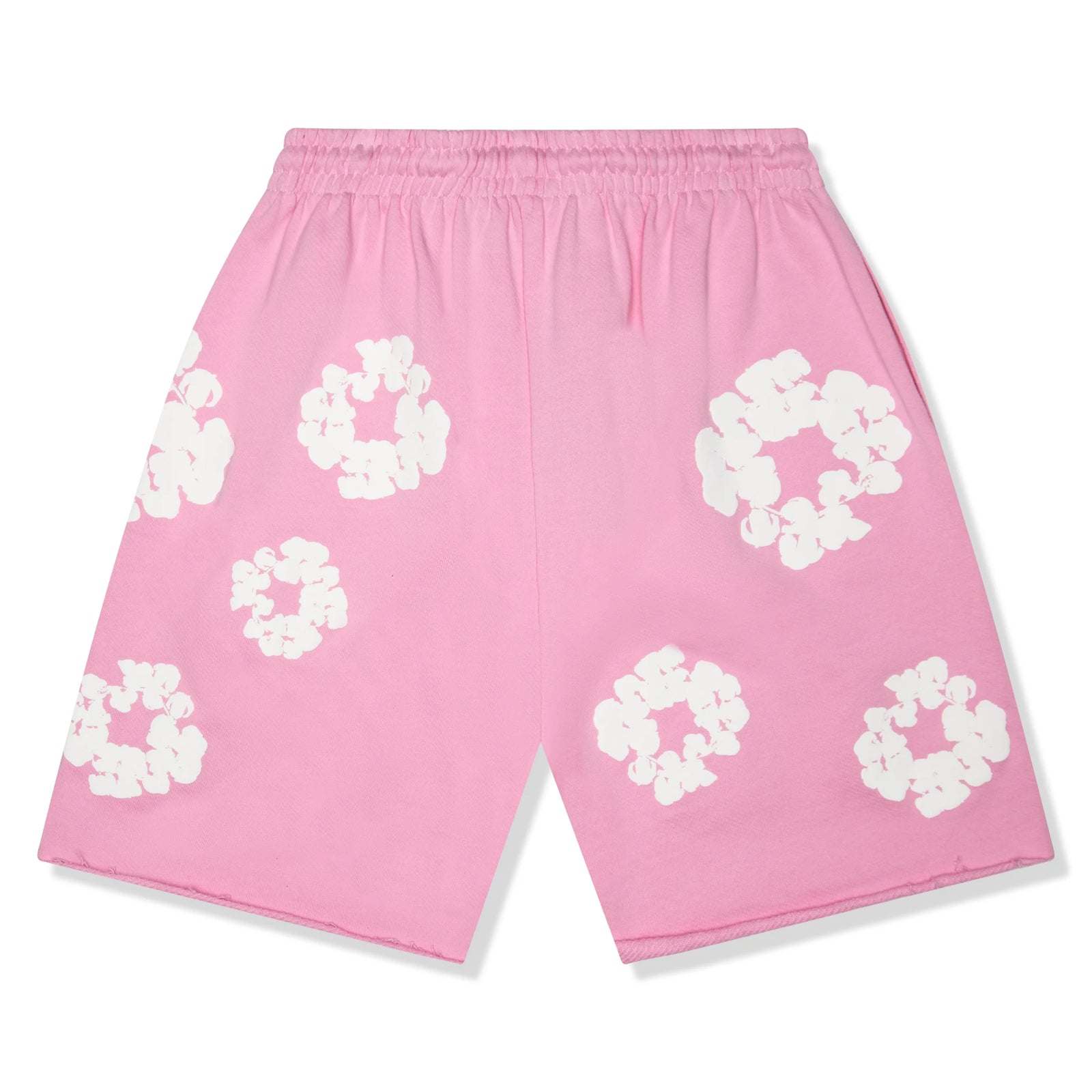 Pink Denim Tears sweatshorts with white cotton wreath patterns and elastic waistband