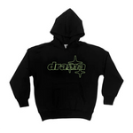 Black Drama Call Hoodie with green graphic design and front pocket