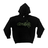 Black Drama Call Hoodie with green graphic design and front pocket