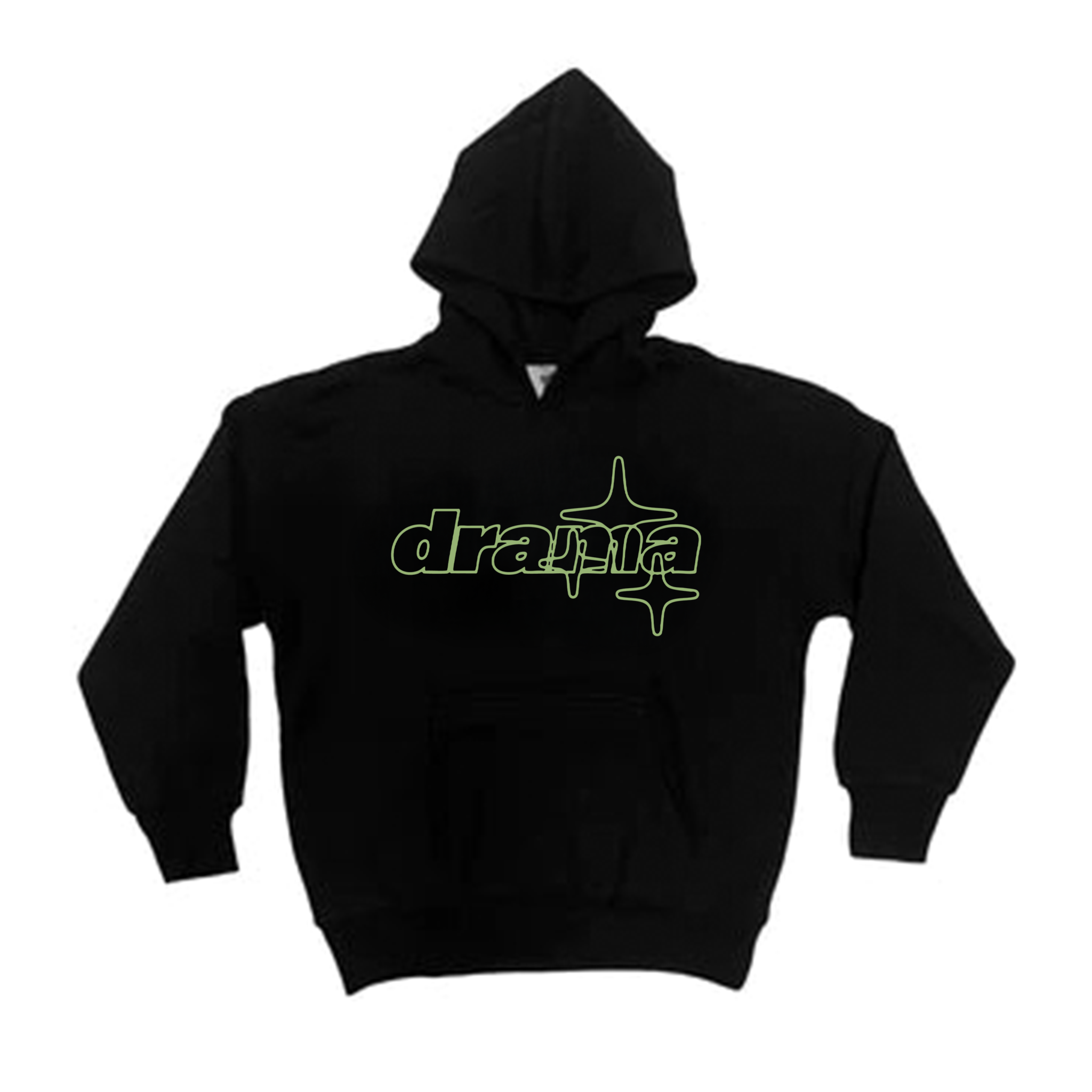 Black Drama Call Hoodie with green graphic design and front pocket