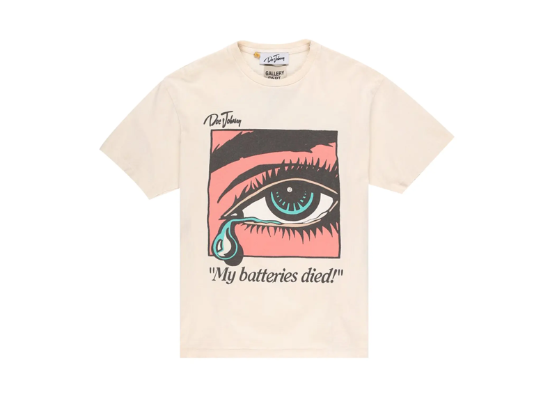 Gallery Dept. Dead Batteries Tee in antique white with graphic eye and tear design.