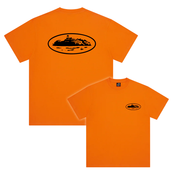Orange Corteiz OG Island Tee with black island graphic on front and back