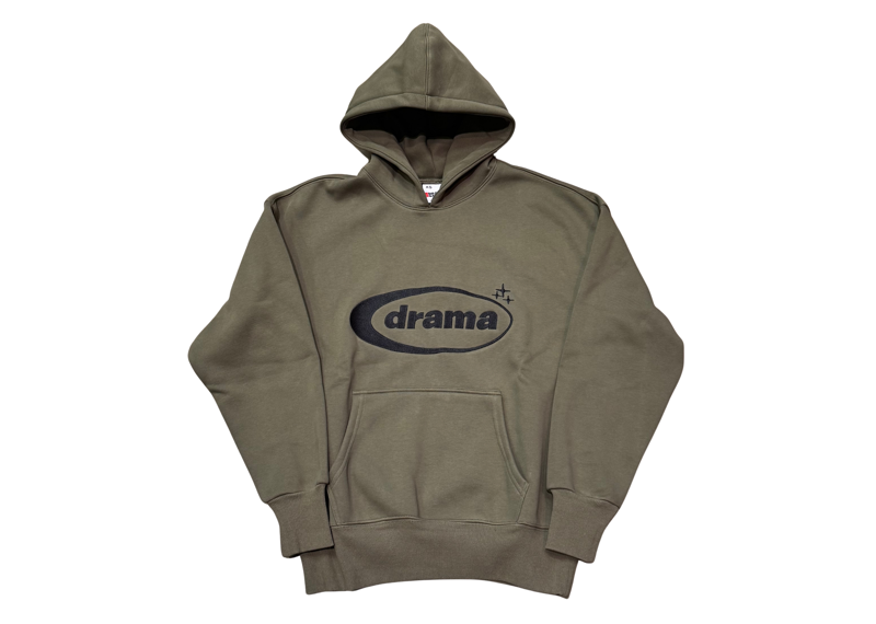 Olive green Drama Call Hoodie with logo design.