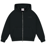 Drama Call Line-Sta black zip-up hoodie with front pockets and hood