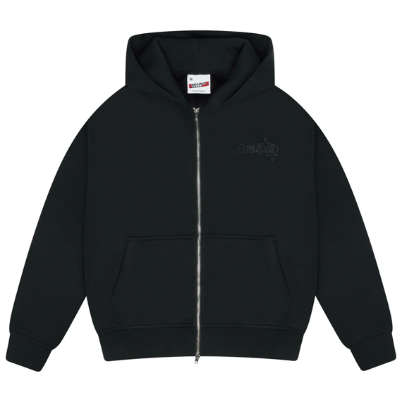 Drama Call Line-Sta black zip-up hoodie with front pockets and hood