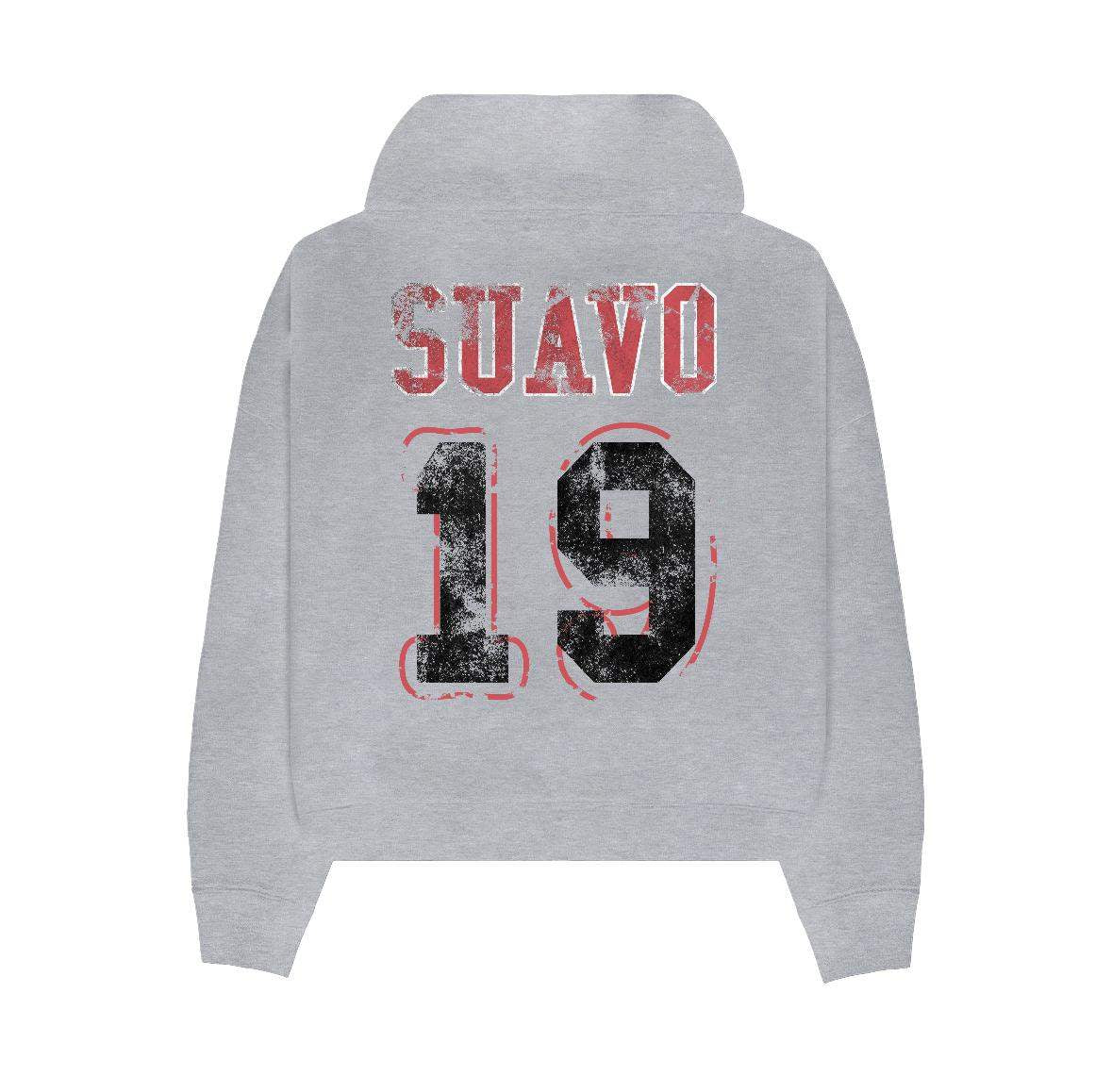 Grey Suavo World Hidden Hills zip-up hoodie with distressed red and black 19 design on back