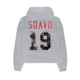 Grey Suavo World Hidden Hills zip-up hoodie with distressed red and black 19 design on back