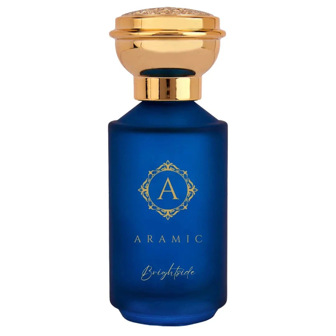 Blue and gold Aramic Brightside eau de parfum bottle with warm and spicy scent notes in 50ml size