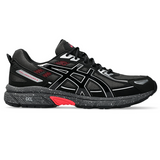 ASICS Gel-Venture 6 running shoe in obsidian grey and black with red accents and speckled sole