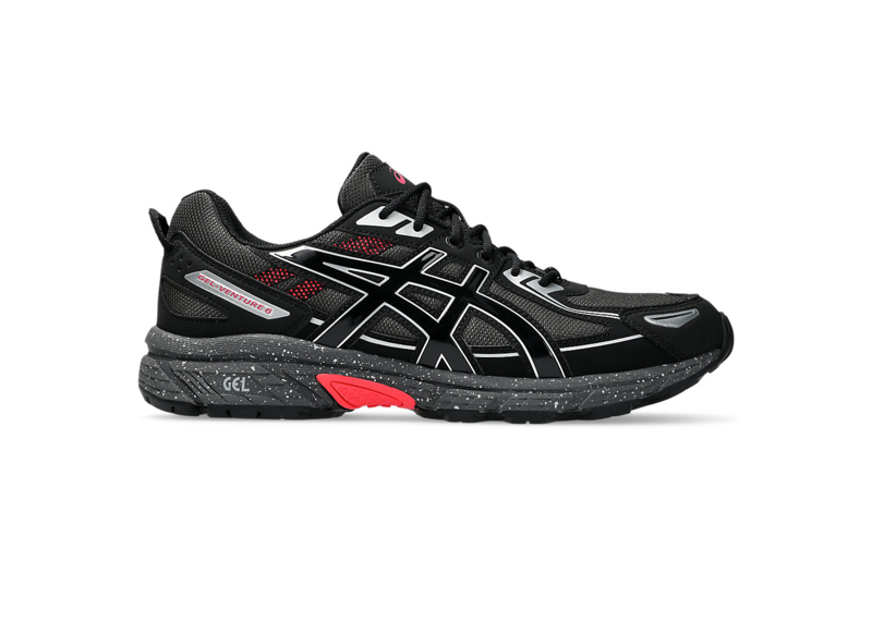 ASICS Gel-Venture 6 running shoe in obsidian grey and black with red accents and speckled sole