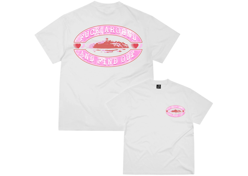 CORTEIZ FUCK AROUND tee in pink with bold graphic design.
