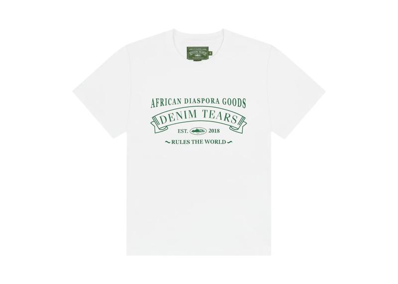 White Denim Tears x Corteiz ADG tee with green African Diaspora Goods print