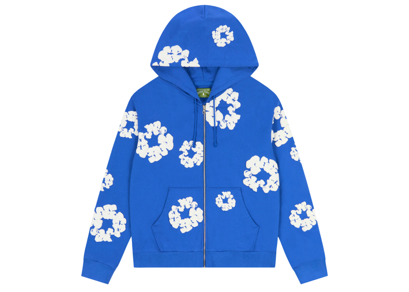 Blue Denim Tears zip-up hoodie with white cotton wreath patterns and front pockets