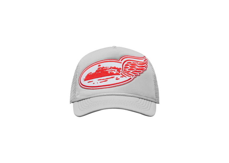 CORTEIZ ALCATRAZ grey trucker cap with wing design.