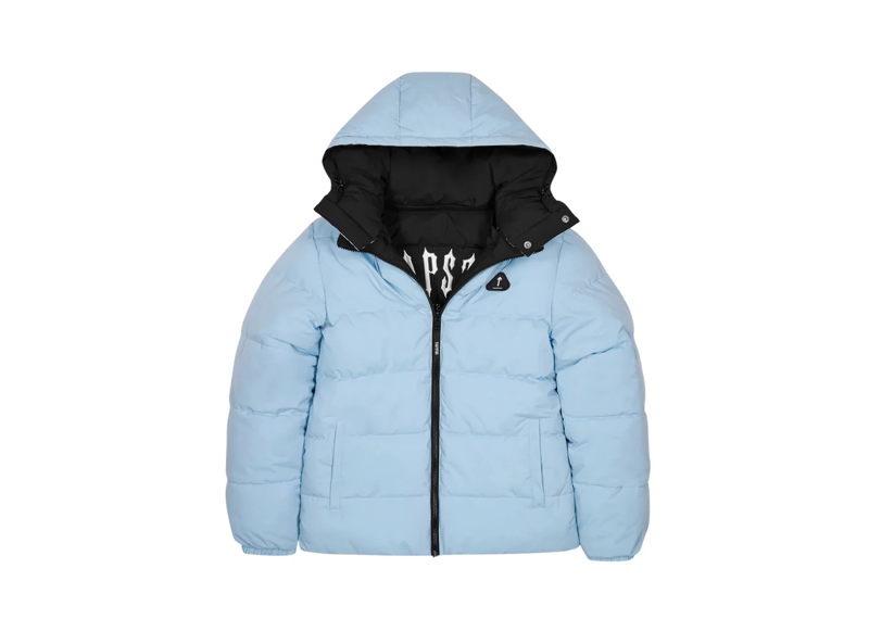 TRAPSTAR IRONGATE reversible black and light blue puffer jacket with hood