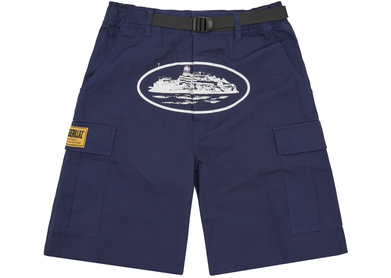 CORTEIZ ALCATRAZ cargo shorts in navy with belt and graphic design.