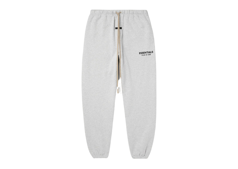 Fear of God Essentials heather grey fleece sweatpants with elastic waistband and cuffs