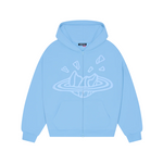 Sky blue Broken Planet zip up hoodie with cracked planet graphic on front