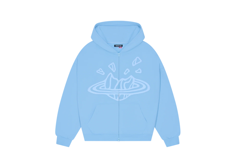 Sky blue Broken Planet zip up hoodie with cracked planet graphic on front