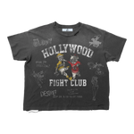 Suavo World Fight Club T-shirt with boxy relaxed fit, vintage wash, and hand distressing on model