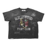 Suavo World Fight Club T-shirt with boxy relaxed fit, vintage wash, and hand distressing on model