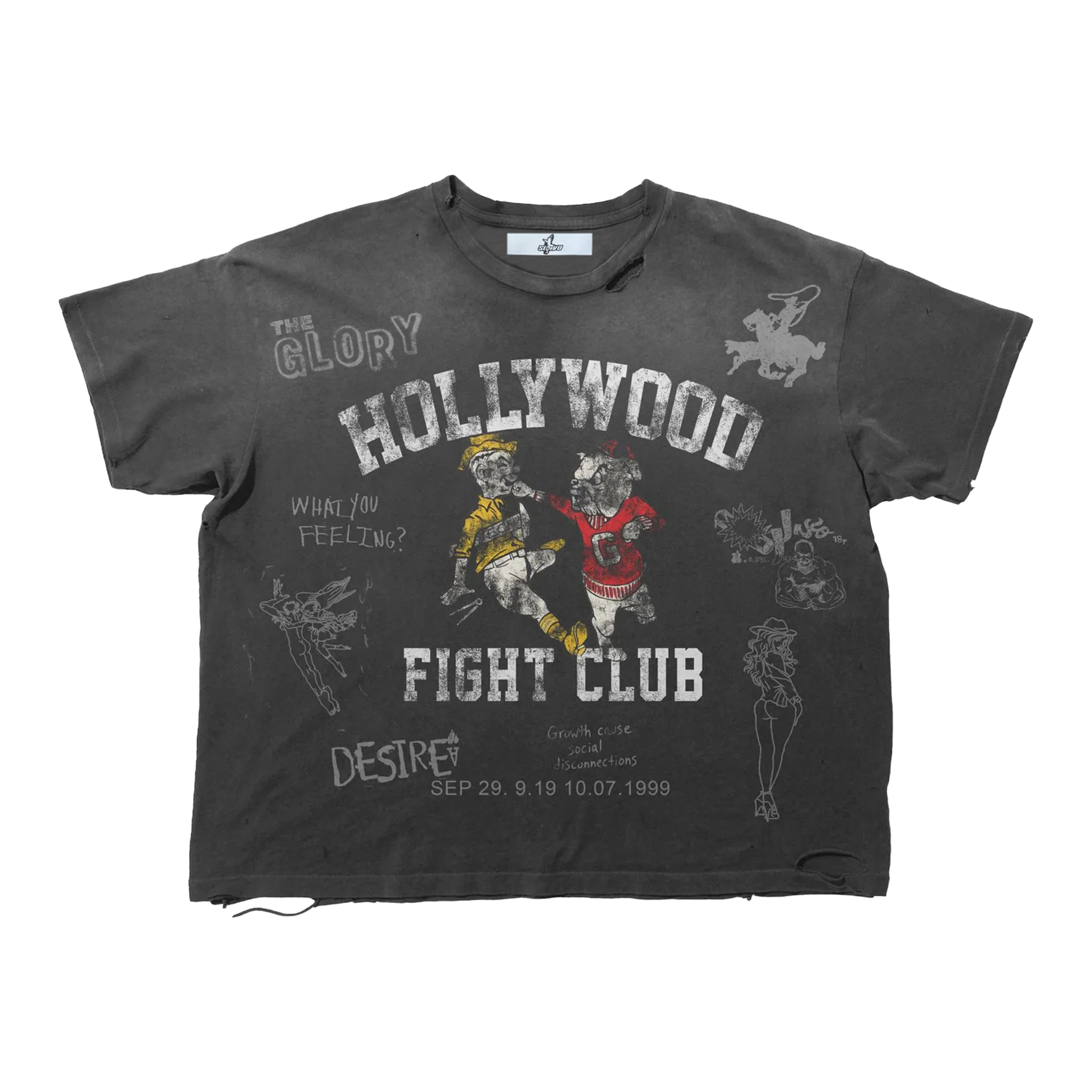 Suavo World Fight Club T-shirt with boxy relaxed fit, vintage wash, and hand distressing on model