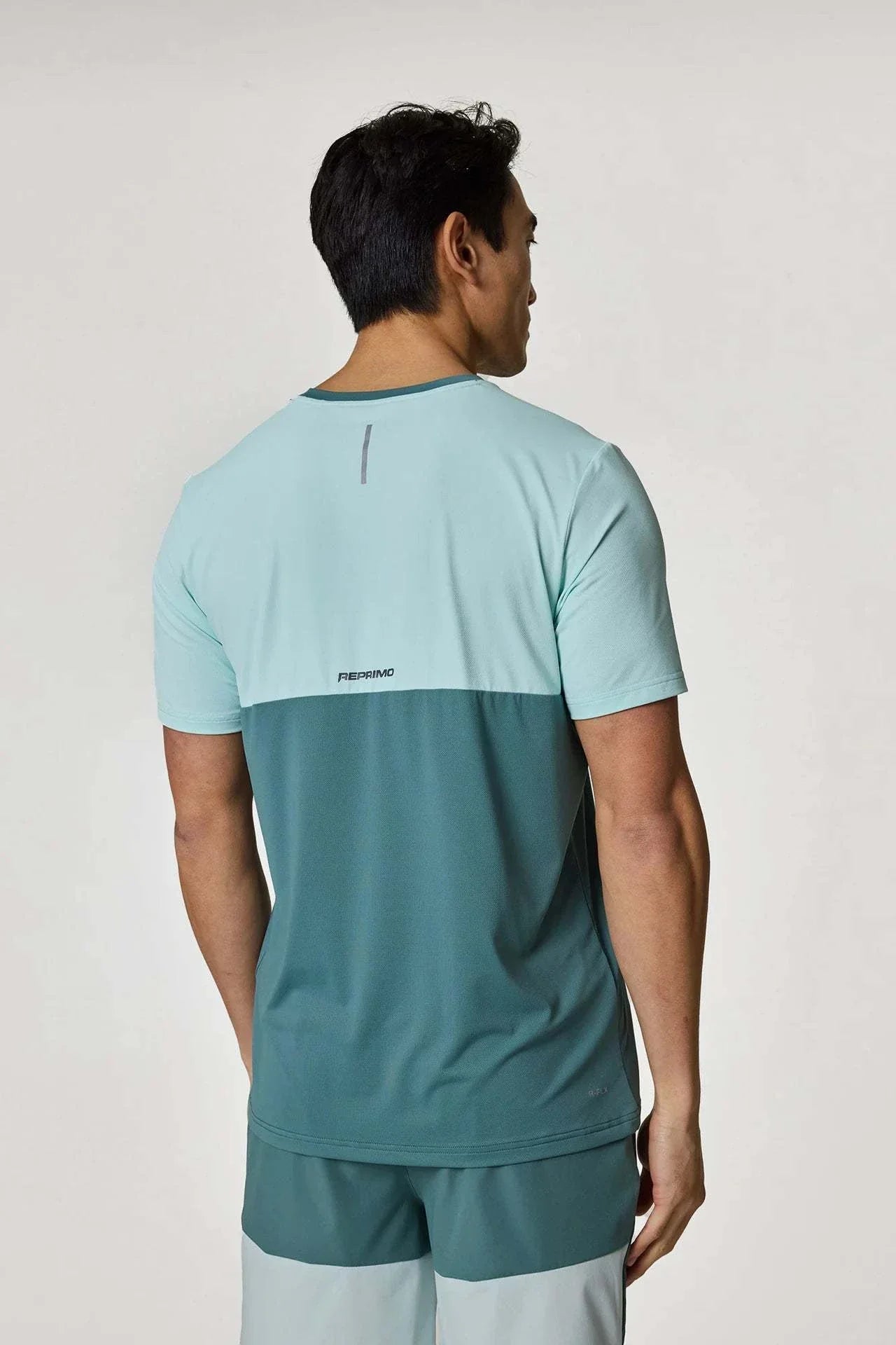 Reprimo Flight T-Shirt in Forest Green and Mint, back view.