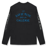 Black Gallery Dept. Le Bar Shop long sleeve t-shirt with blue and white text graphics