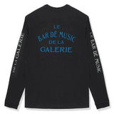 Black Gallery Dept. Le Bar Shop long sleeve t-shirt with blue and white text graphics