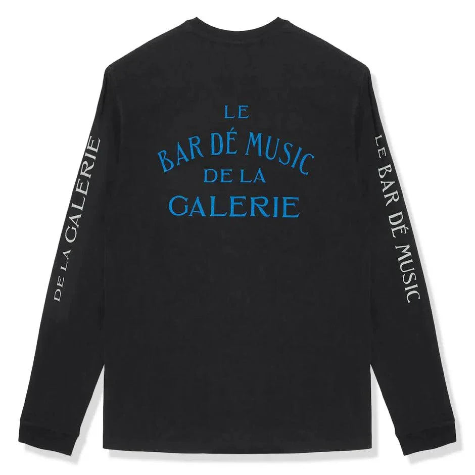 Black Gallery Dept. Le Bar Shop long sleeve t-shirt with blue and white text graphics