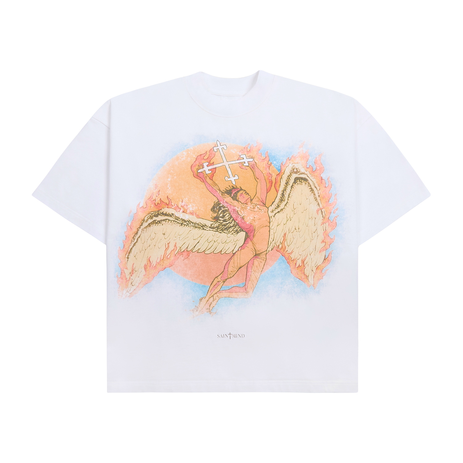 Saint Mind Heaven Sent T-Shirt oversized fit with front logo, 100% cotton 280gsm, model wearing medium size