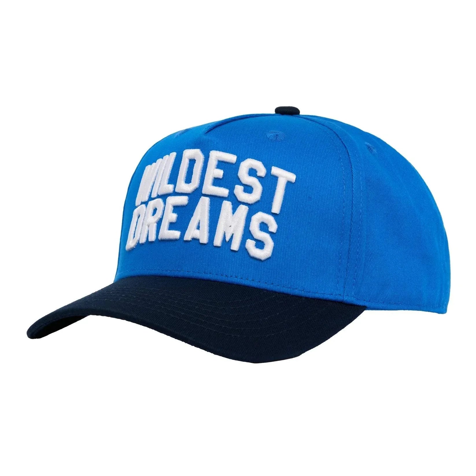 Wildest Dreams Varsity Cap in navy blue with white embroidered text and black brim