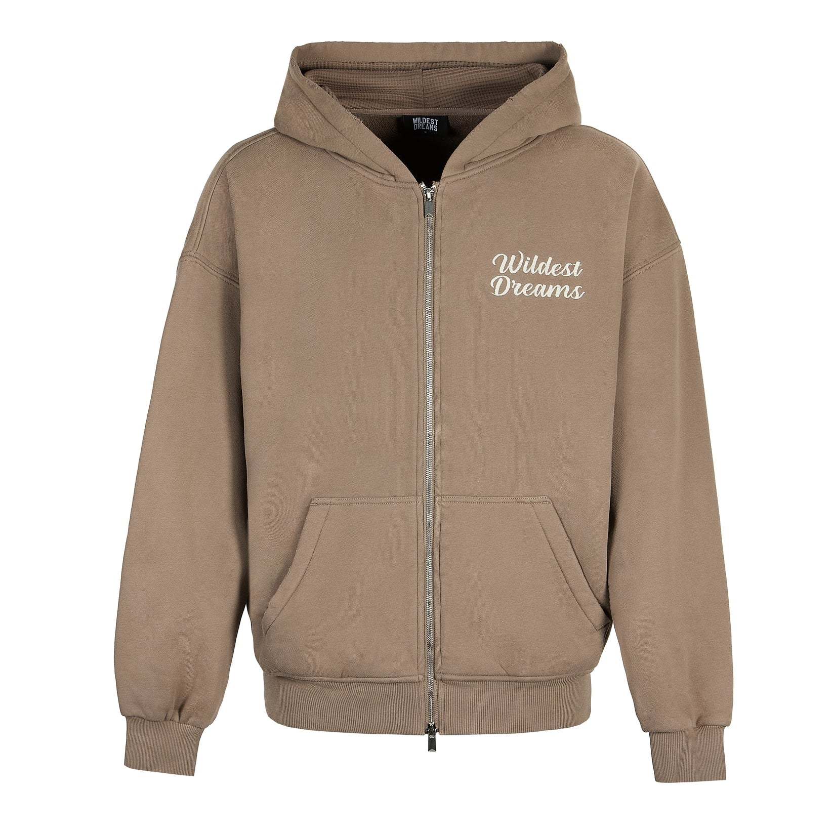 Wildest Dreams taupe zip-up hoodie with front pockets and hood