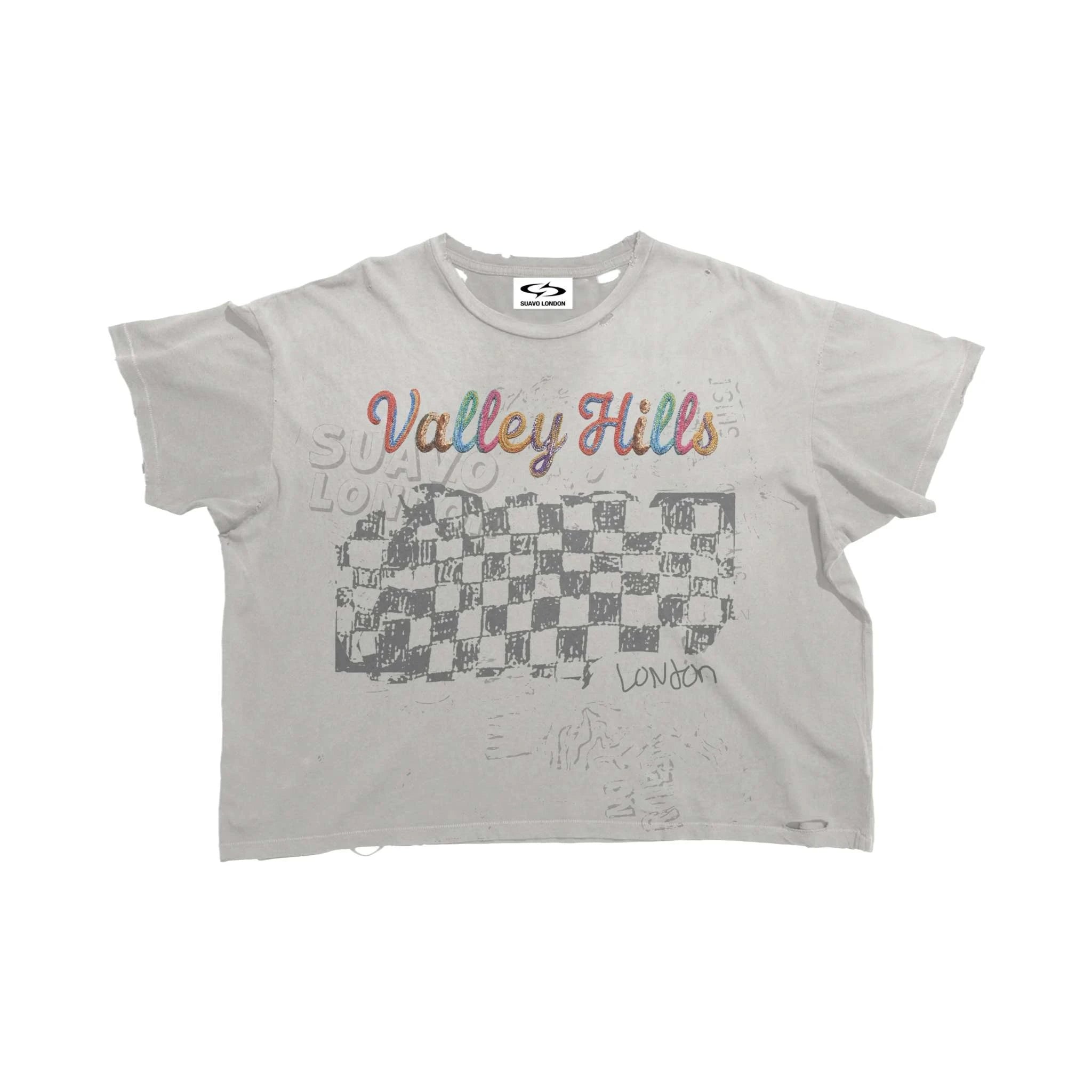 Suavo World Valley Hills T-Shirt in washed white with distressed finish and multicolored Valley Hills graphic