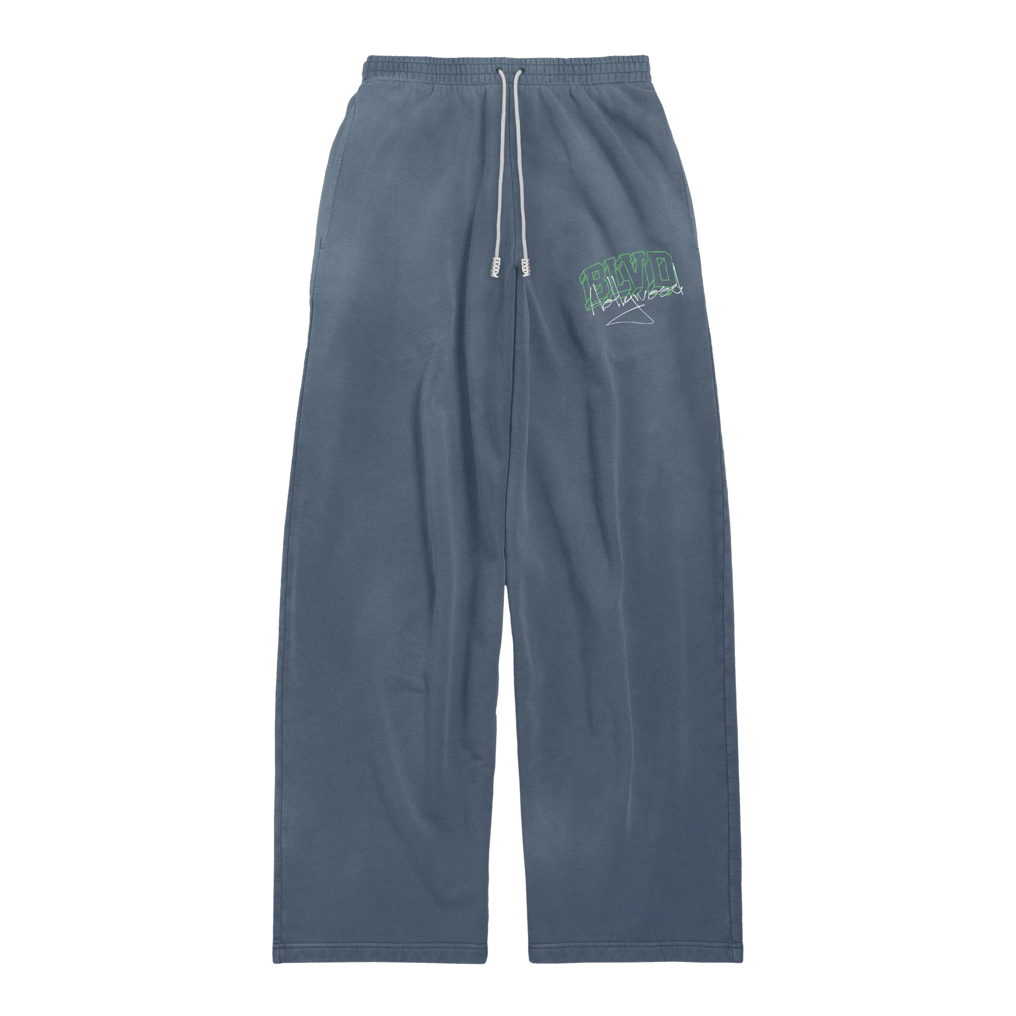 Suavo World Salt Lake City sweatpants washed blue with bold green 3D BLVD graphic and vintage faded texture