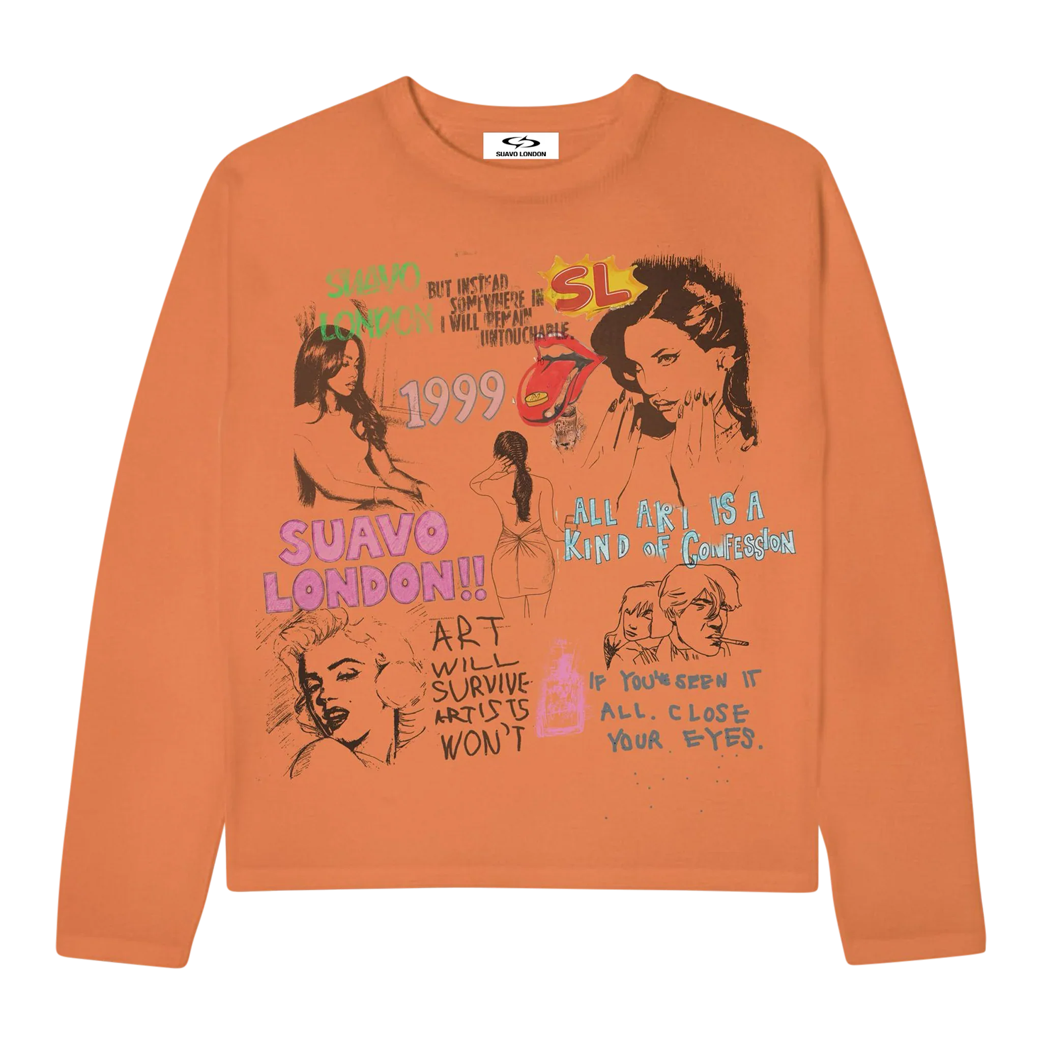 Suavo World Mirinda Long Sleeve Washed Orange with vintage punk-inspired graphics and pastel accents