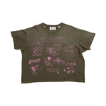 Suavo World Velvet Brown T-Shirt with heavy distressing and neon pink graphics on maroon fabric